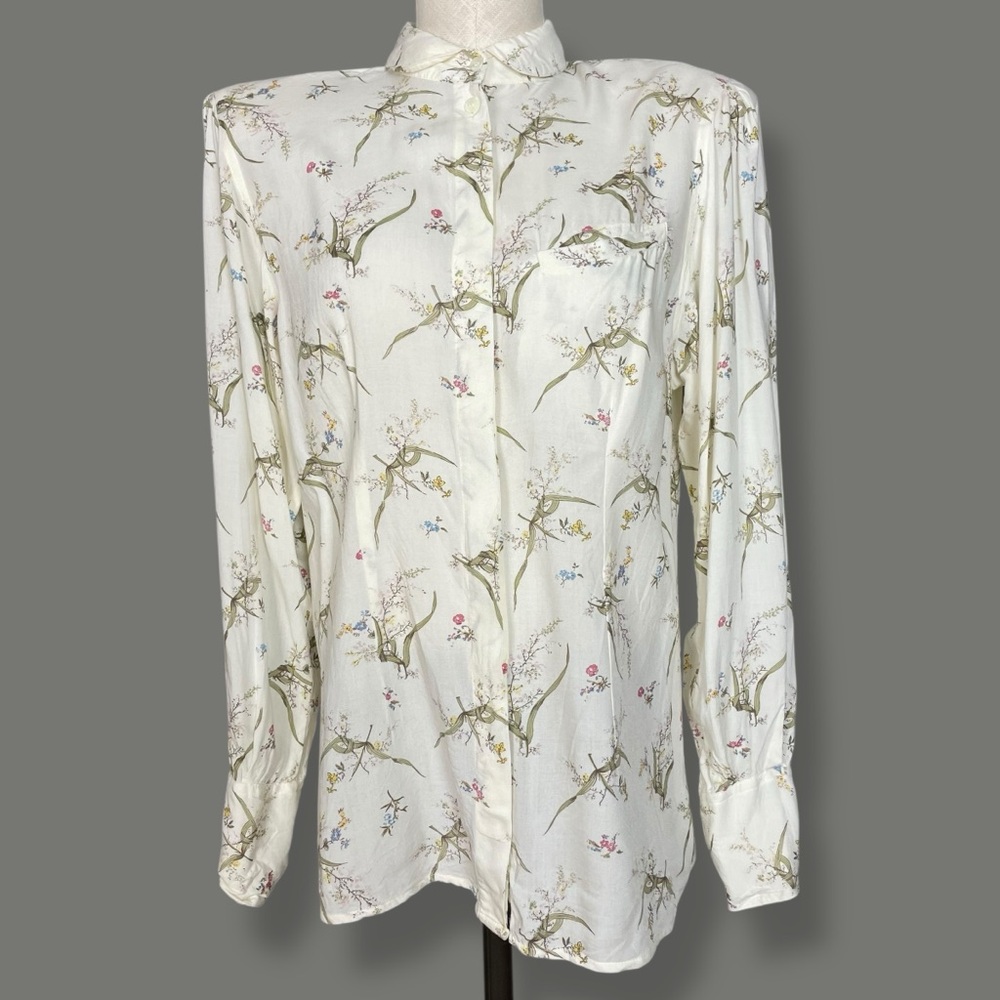 Vintage Blouse Floral Long Sleeve Women Cottagecore Round Collar Button-Up Retro